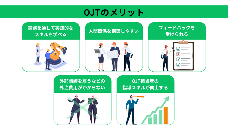 OJTのメリットについて5つ挙げているイラスト図