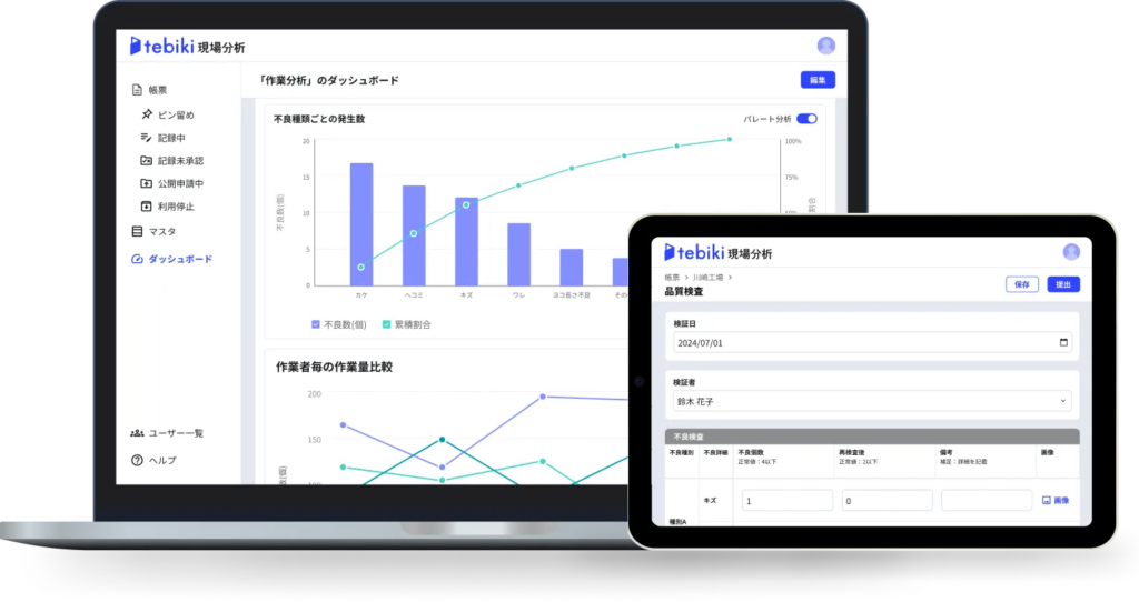 現場帳票電子化ツール「tebiki現場分析」パソコン・タブレット画像サンプル