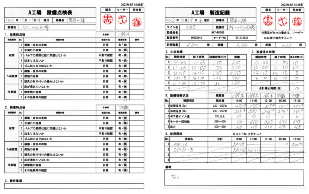 紙の設備点検表(例)