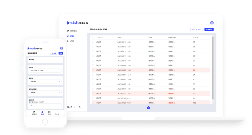 デジタル現場帳票tebikiスマホver PC ver画面画像