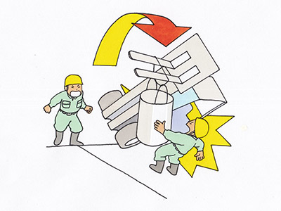 偏荷重となったフォークリフトが転倒し、誘導していた被災者が下敷きになった事故事例を表すイラスト