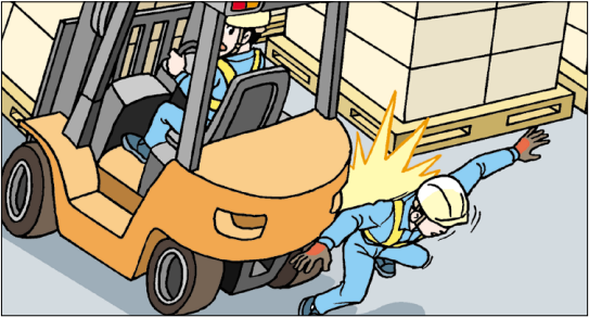 歩行者立入禁止エリアにいた被災者がフォークリフトと接触