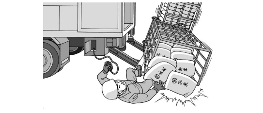 テールゲートリフターからロールボックスパレットが落下し、下敷きになり負傷