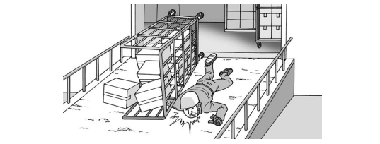 倒れたロールボックスパレットと共に倒れ、地面の間に挟まり負傷