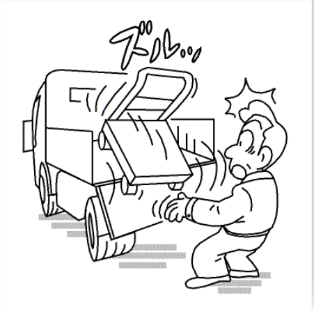 トラックの荷台から台車が落ち、足に当たりそうになった